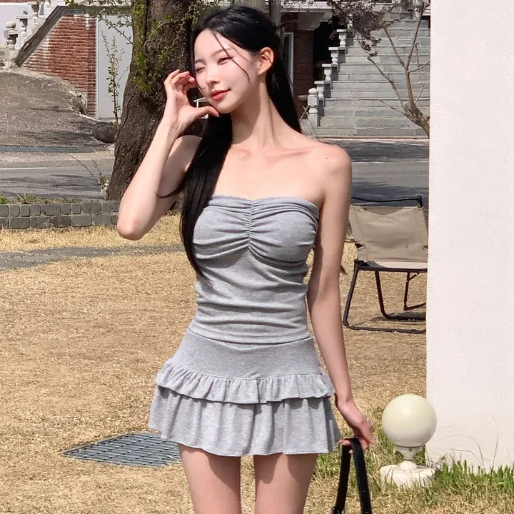 [섹시유니크🖤] 글램 투피스 / 캡내장 캡나시 뷔스티에 셔링 크롭탑 셔링탑 튜브탑 탱크탑 브라탑 볼륨업 데님탑 캉캉치마 치마바지 여름원피스 여행 bj 레이어드스커트 숏팬츠 스판 상세 이미지 24