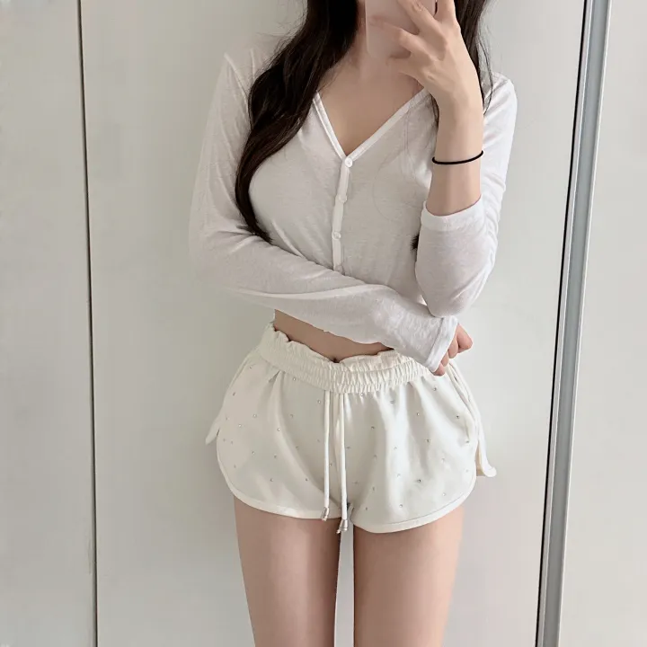 얄포롬🩷*슥걸치는/군살커버* 밀크 텐셀 굴림 크롭 브이넥 버튼 가디건/ 여름상의 얇은긴팔티 여친룩 필라테스 요가 햇빛가리개 대학생 여친룩 상세 이미지 12