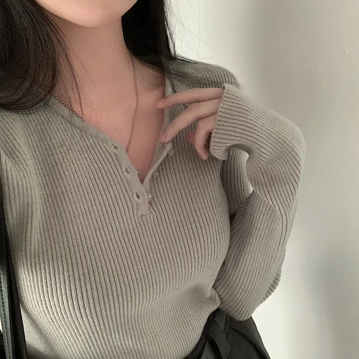 [4계절필수 디자인/연그레이 당일출고✨] 자체제작 #크치Made 젤리 버튼 트임 브이넥 골지 겨울 니트 긴팔티셔츠 - nt 상세 이미지 165