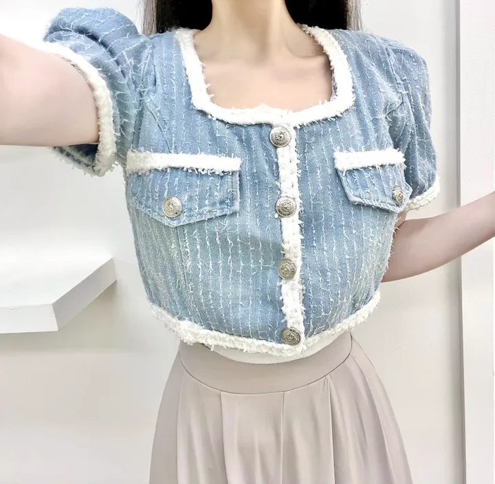 *인기폭주💙✨* 엘린 스퀘어넥 데님 퍼프 크롭 트위드자켓 데님트위드자켓 청자켓 (3COLOR) 하객룩 여름하객룩 여름자켓 썸머트위드 트위드블라우스 여름아우터 상세 이미지 15
