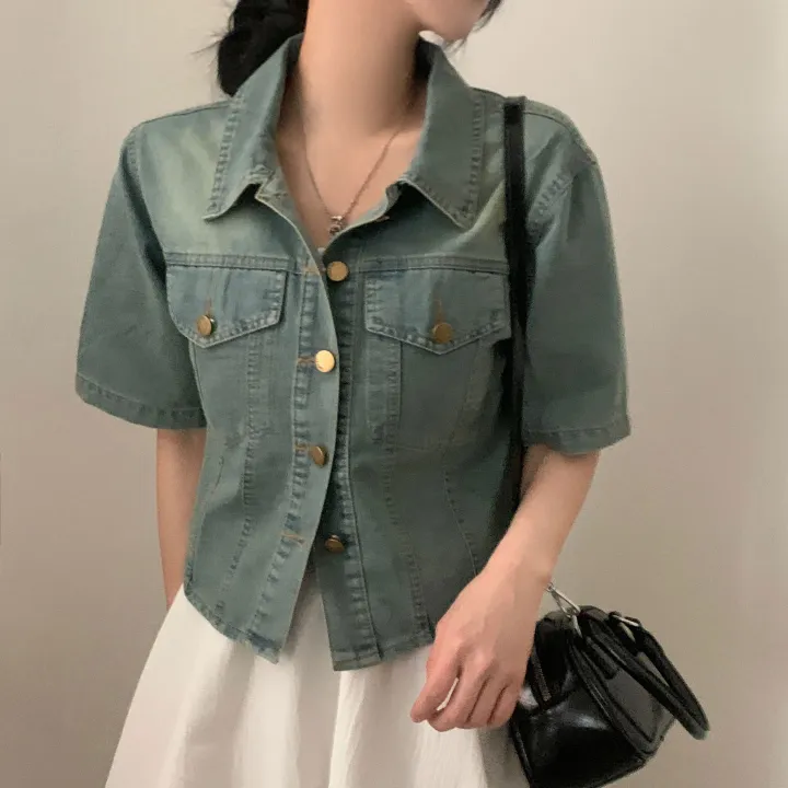 [데일리/청순무드(＊’͜’ )] 봄웨더 반팔 데님 크롭 청자켓 - 3color 상세 이미지 12