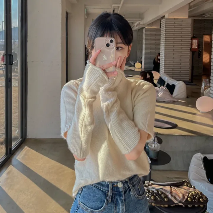 [워머SET/재진행‍🔥] 러블리 보들 울 핸드 워머 니트 세트 루즈핏 트임 반팔 니트티 라운드넥 토시 니트투피스 상세 이미지 4