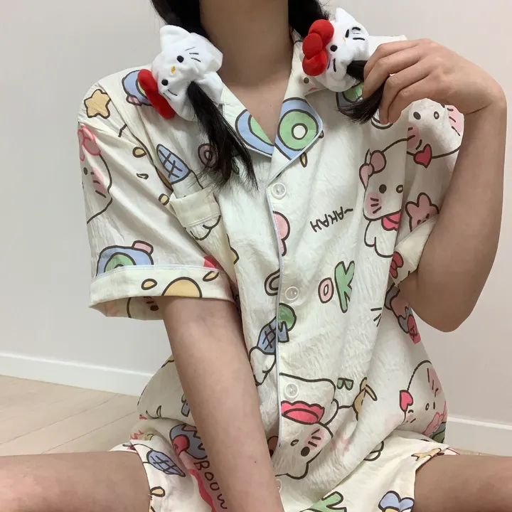 [3피스/빅사이즈도있어용!] 귀여운 리본 고양이 키티 캐릭터 집순이 생일선물 반팔 반바지 긴바지 쓰리피스 잠옷 세트 상세 이미지 14