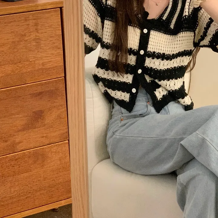 뜨개 카라 펀칭 단가라 크롭 가디건(2color) 상세 이미지 7