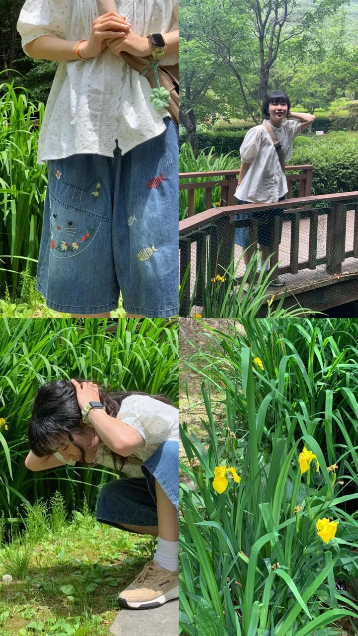 Picnic With A Cat 고양이와 물고기 친구들 자수 버뮤다 반바지 상세 이미지 1