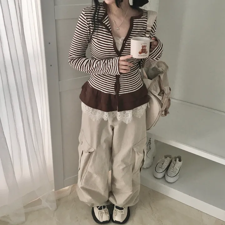 [하트단추🖤/스카시 펀칭] 말라핏 스트라이프 프릴 가디건 상세 이미지 34
