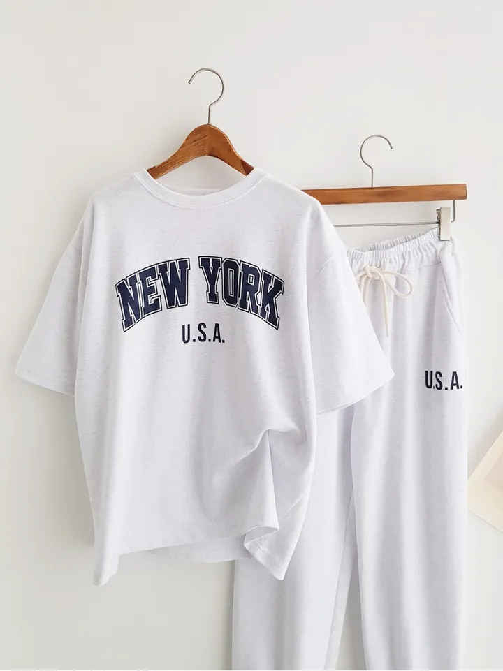 [데일리SET] NEW YORK 프린트 반팔티셔츠 오버핏반팔 밴딩팬츠 조거팬츠 조거바지 트레이닝세트 반팔세트 조거세트 츄리닝세트 이지웨어세트 여름트레이닝복 운동복세트 공항룩 상세 이미지 4