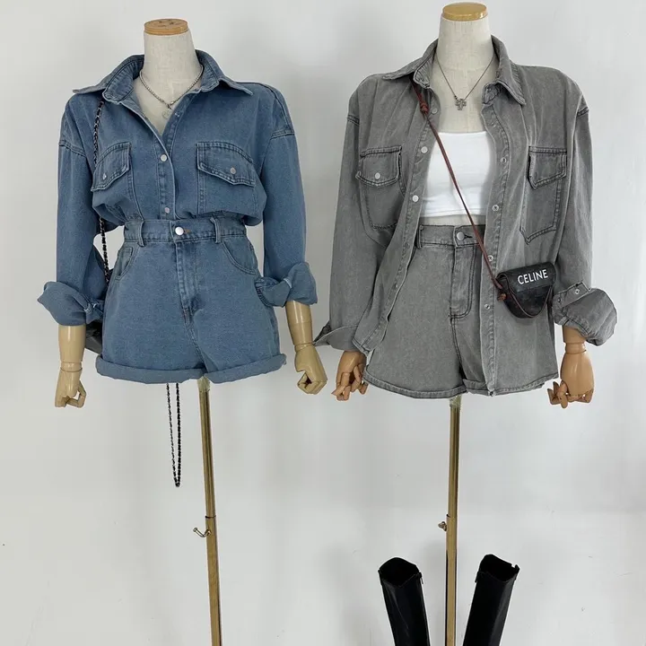 [하이틴/캐주얼/데일리/청청코디/세트가격💕] 루즈핏 포켓 워싱 데님 또또 셔츠 남방 자켓 + 하이 뒷밴딩 데님 숏반바지 팬츠 SET (2COLOR) 상세 이미지 3