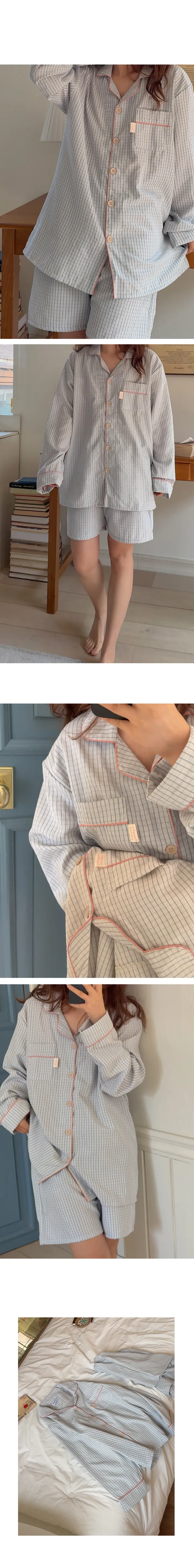 [new봄🌸] 당일발송 H.made✔ 레노 체크 시어서커 지지미 커플 잠옷 여름 긴팔 반바지 파자마 세트 2color 직진배송 상세 이미지 12