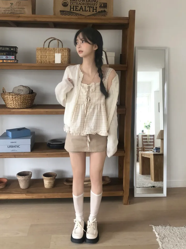 [레이어드템!]러블리 체크 리본 뷔스티에 나시 블라우스 2color 상세 이미지 5