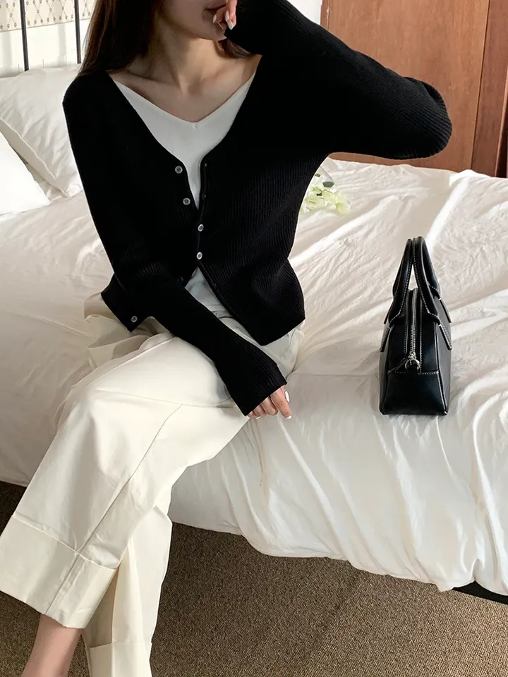 [봄가디건/나시일체형] 오즈 배색 레이어드 일체형 골지 브이넥 봄 가을 가디건 2color (레이어드/니트레이어드/레이어드가디건/배색가디건/봄/봄니트) 상세 이미지 11