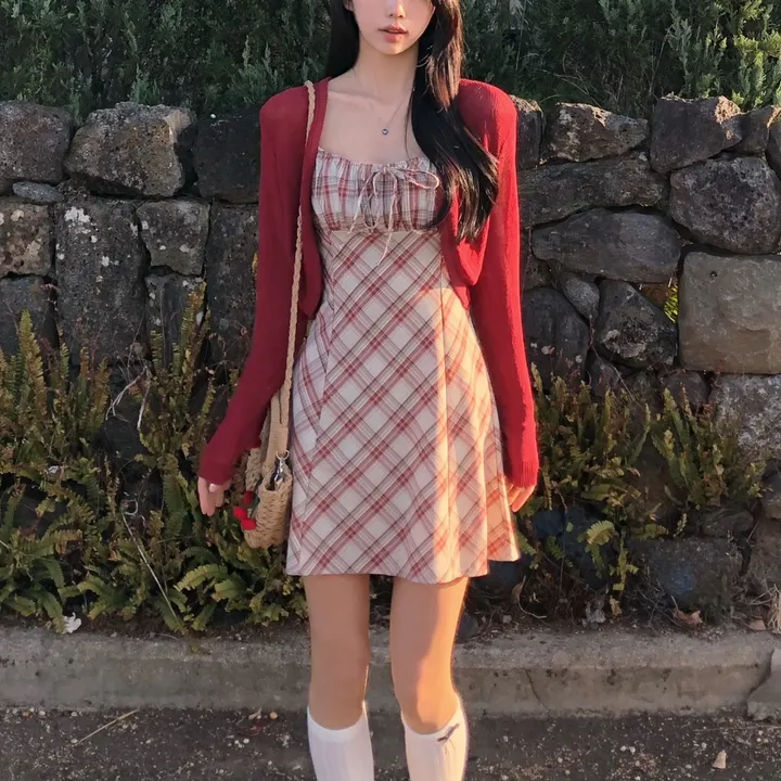[세트가격❤️/예쁨보장!] 린넨 체크 셔링 리본 플레어 a라인 볼레로 크롭 가디건 원피스 투피스 세트;3color <여행룩/길이오절/핏존예!> 상세 이미지 12