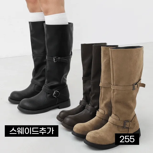 ⚡오늘출발⚡[하비추천/자체제작🖤] 둥근코 더블 버클 스트랩 크러쉬드 레더 로우힐 롱부츠 시크 미니멀 하비 브라운 블랙 여성 벨트 가을 겨울 봄 여름 부츠 스트릿 신발 L-12455