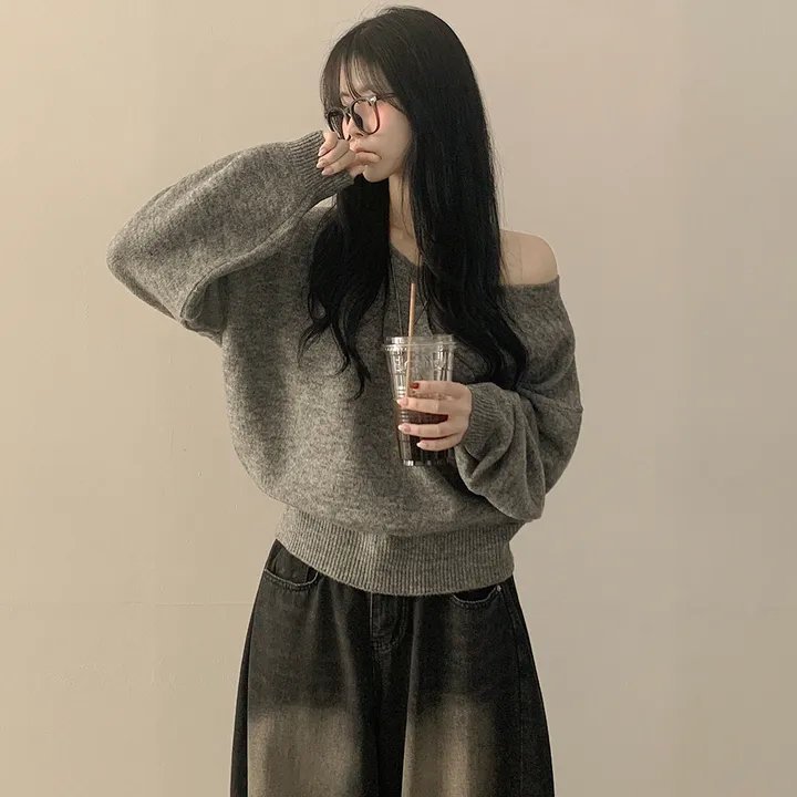 [청순힙✨폭닥] 흐르는 여리핏, 보트 브이넥 오버핏 원오프숄더 아방핏 긴팔니트 빅사이즈 상세 이미지 20