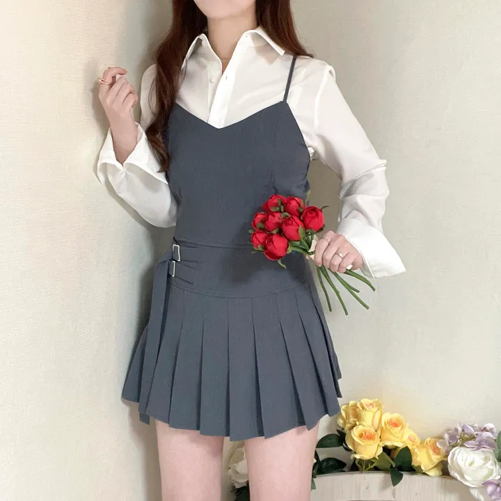 [SET가격] 크롭 뷔스티에 + 플리츠 더블 벨트 스커트 투피스 세트 3color 상세 이미지 12
