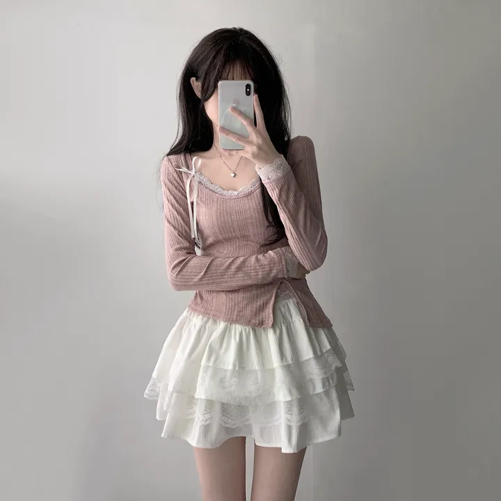 [은은한펄/러블리] 트윙클 골지 슬릿 펄 긴팔 티셔츠+레이스 리본 나시&슈아 밴딩 캉캉 미니 스커트 투피스 쓰리피스 코디세트 단품 세트 상세 이미지 24