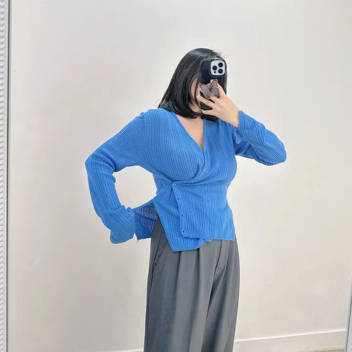[빅사이즈/봄 필수템🌸] 반해 버튼 브이넥 골지 슬림 사선 가디건 상세 이미지 25