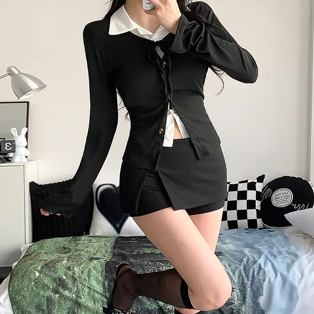 [일체형/모던룩/2col] 신디 일체형 슬림핏 레이어드 셔츠 가디건 / 카라넥 / 리본가디건 / 레이어드티셔츠 / 페이크셔츠 / 긱시크 / 브이넥 / 셔츠니트 / 코디완성 / 강추 상세 이미지 13