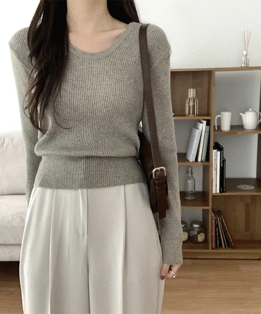 [1000원 할인~! 부드러운 소재] 뱀부 데코 유넥 골지 긴팔 니트