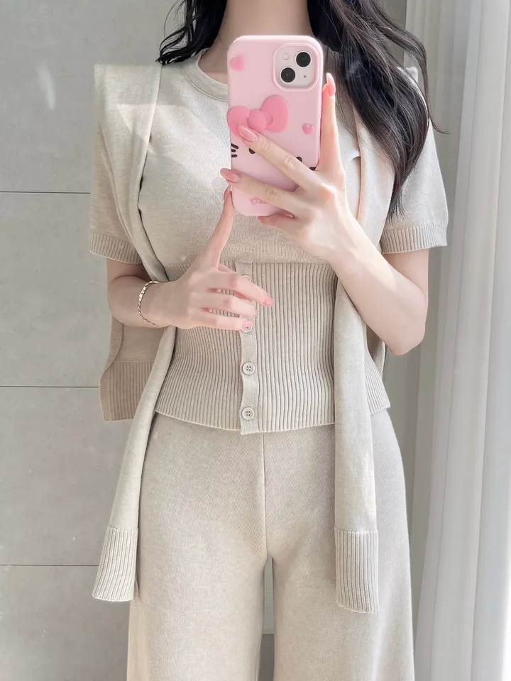 *몸매커버꾸안꾸🩷*솔라 니트 반팔 숄가디건 팬츠 3ps set 봄여름가을꾸안꾸투피스 쓰리피스세트 가디건세트 일자팬츠 와이드팬츠 니트팬츠 상세 이미지 7