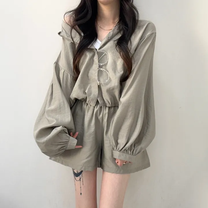 [한여름까지!/살안타템] 벌룬 끝판왕! 린넨 아방핏 크롭 밴딩 셔츠 후드 집업+실키 하이웨스트 3부 숏팬츠 반바지 투피스 세트 5color 상세 이미지 23