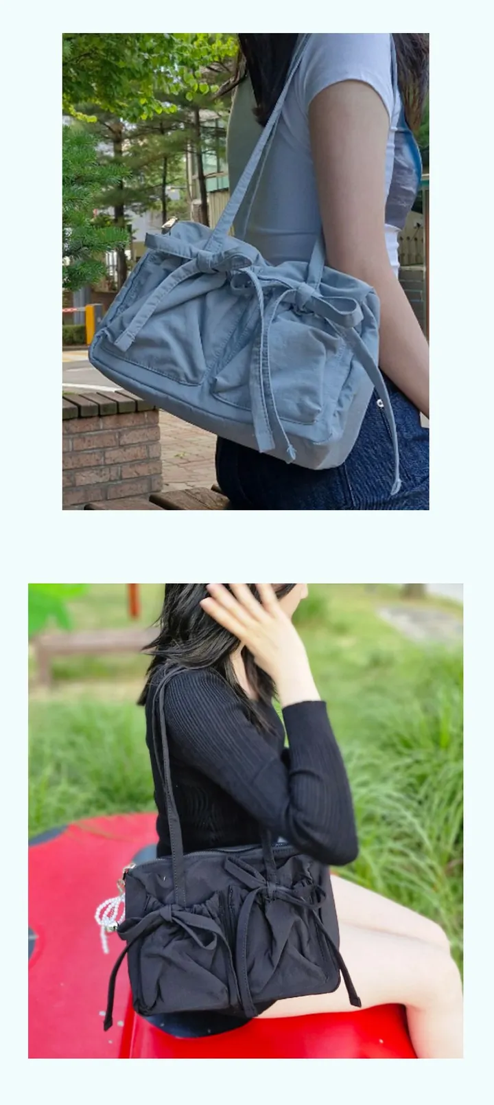 키링선물 여행룩 리본가방 출근가방 발레코어 나일론숄더백 투포켓  나일론에코백 패션가방 가벼운가방 상세 이미지 3