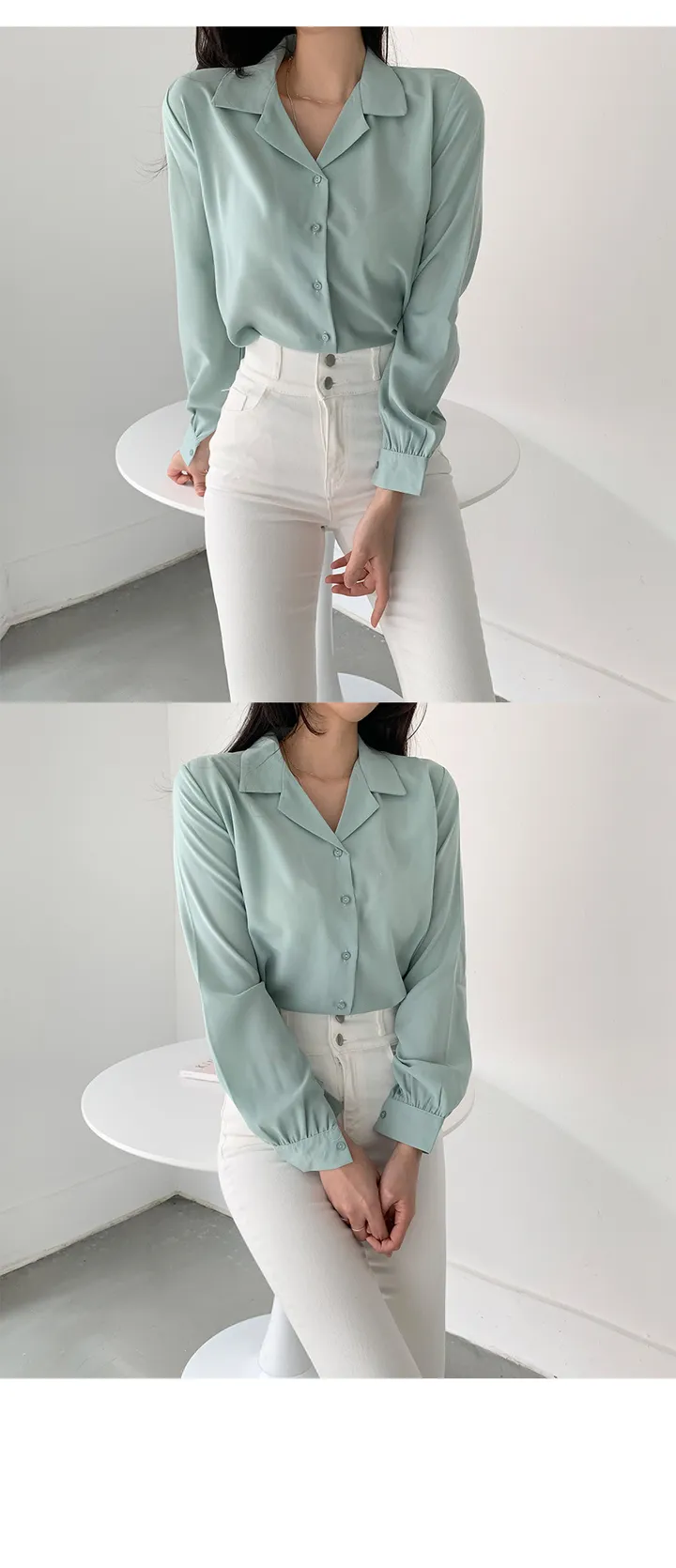 구김없는 오픈 카라 셔츠블라우스 55~L (10color) 상세 이미지 13