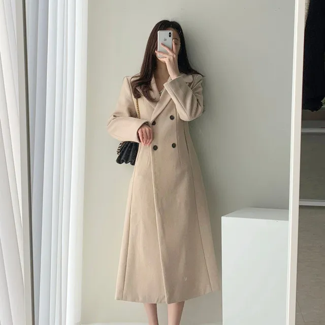 A라인 슬림 롱 플레어 더블 버튼 울코트 블랙 베이지 상세 이미지 50