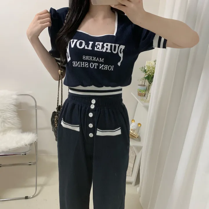 🚀당일발송🚀[세트가격/핏예술-!] 페니 배색 스퀘어넥 레터링 퍼프 시보리 반팔 + 밴딩 버튼 롱 와이드 팬츠 투피스 세트 2color 상세 이미지 8