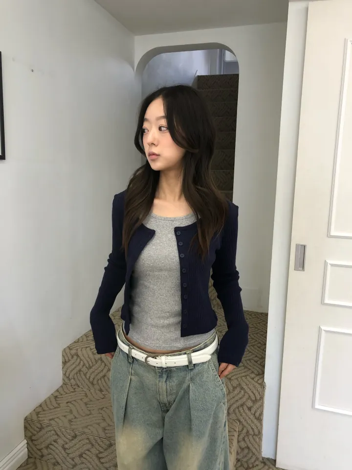 슬림핏 숏 골지 가디건 상세 이미지 30