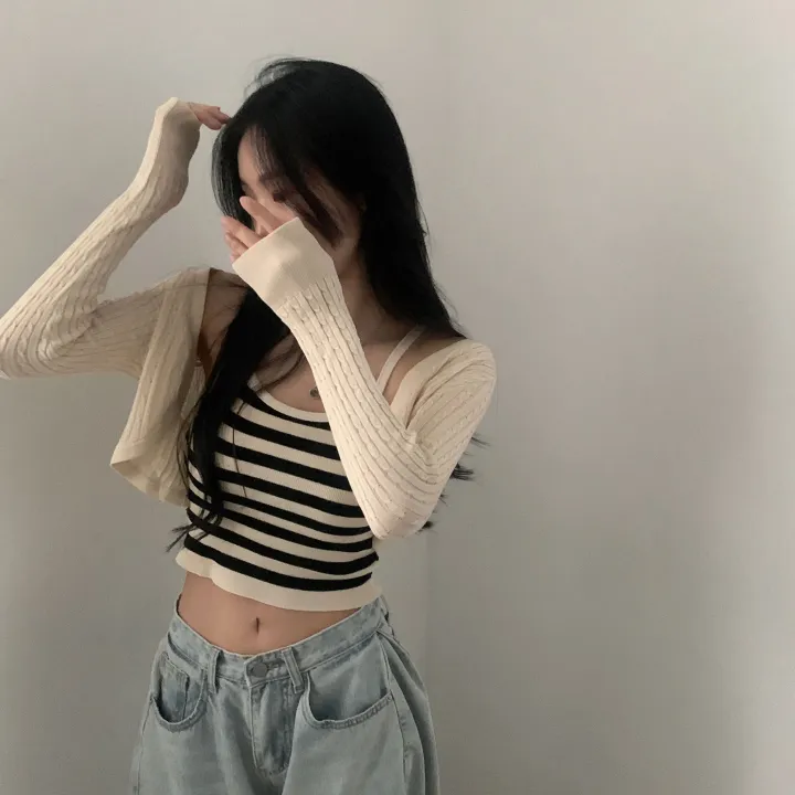 [세트가격✨/간절기까지~] 케이블 볼레로 크롭 니트가디건 + 스트라이프 나시 세트/투피스 - 3color 상세 이미지 7