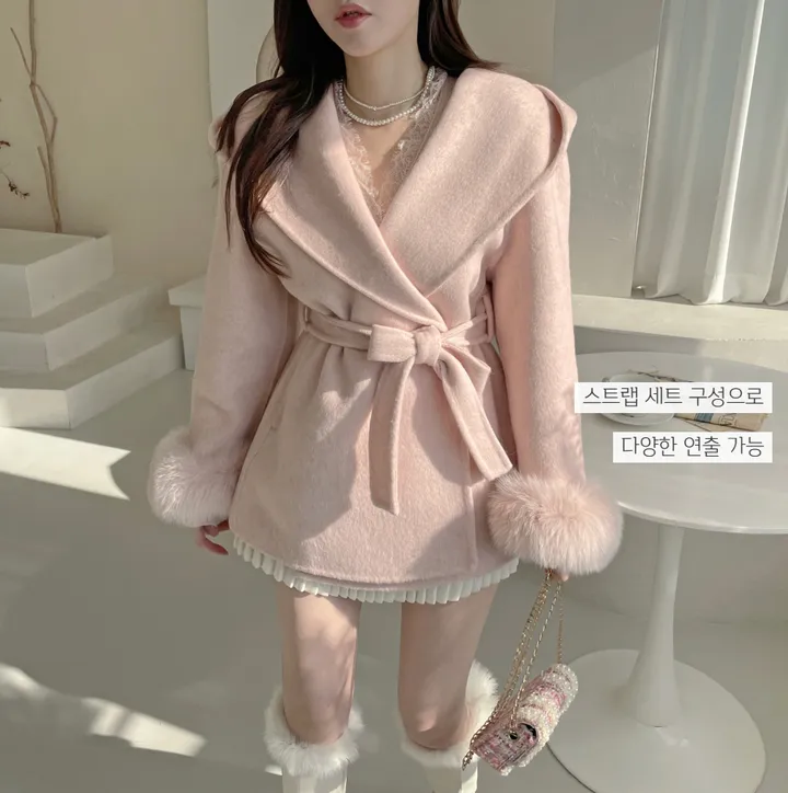 [울100] 리아나 베이직 폭스퍼 트리밍 후드 숄  코트 상세 이미지 20