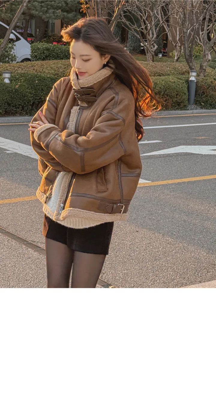 [안감 털날림❌/하이넥 버클⭕] 에티오 하이넥 더블버클 지퍼 가죽포인트 허리버클 양털 페이크레더 무스탕 상세 이미지 14
