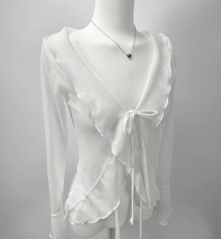 ruffle ribbon lace cardigan 러플 리본 레이스 가디건 (봄가디건, 러블리, 프릴, 니트가디건, 슬림핏, 여리여리) 상세 이미지 32