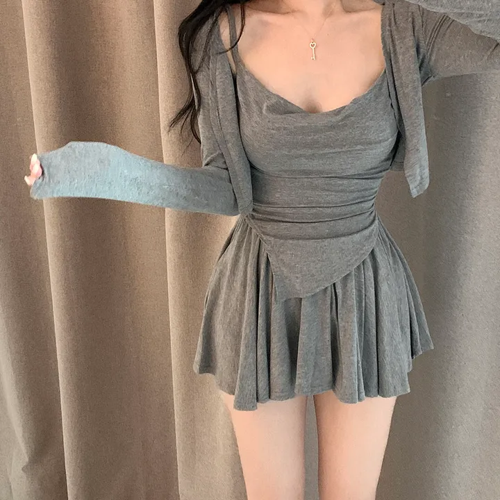 요물 3pcs💘 셔링 드레이프 나시 가디건 스커트 속바지내장 SET 상세 이미지 3