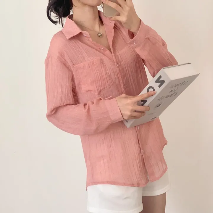 [16 color/루즈핏] 아론 시스루 거즈 남방 / 긴팔 여리여리 살랑살랑 링클 롤업 파스텔 바캉스 휴가 피크닉 나들이 간절기 여름긴팔 베이직 상세 이미지 9