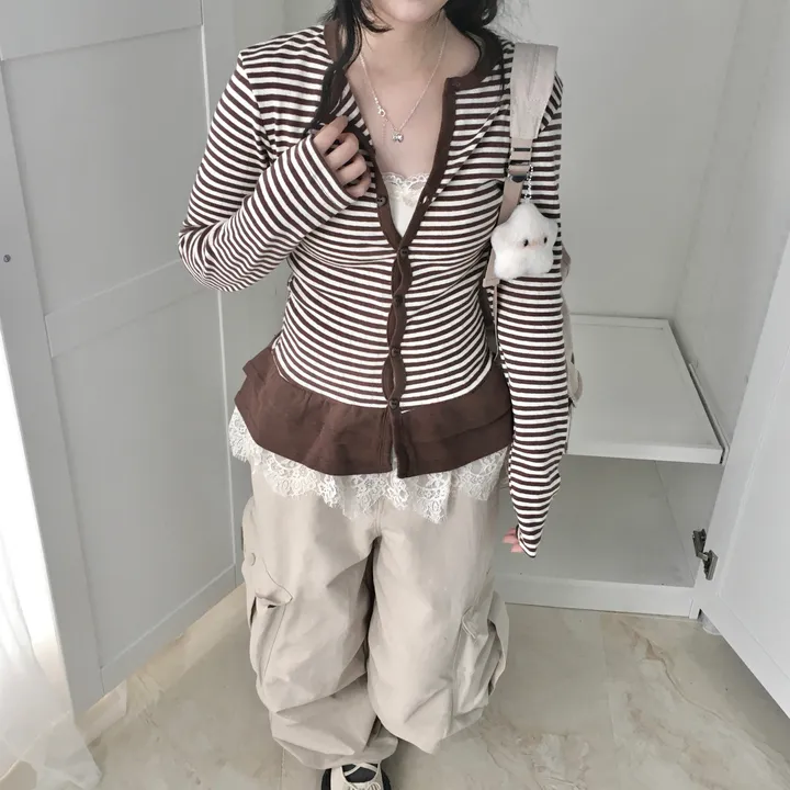 [하트단추🖤/스카시 펀칭] 말라핏 스트라이프 프릴 가디건 상세 이미지 29