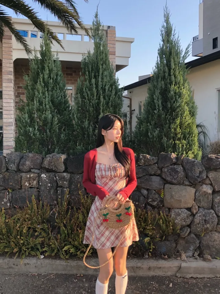 [세트가격❤️/예쁨보장!] 린넨 체크 셔링 리본 플레어 a라인 볼레로 크롭 가디건 원피스 투피스 세트;3color <여행룩/길이오절/핏존예!> 상세 이미지 22