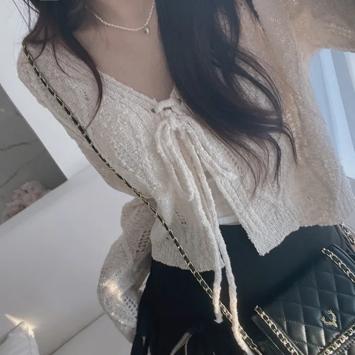 [주문폭주🤍/그물템💕/끈제거가능!] 베일리 그물 니트 리본 가디건 상세 이미지 24