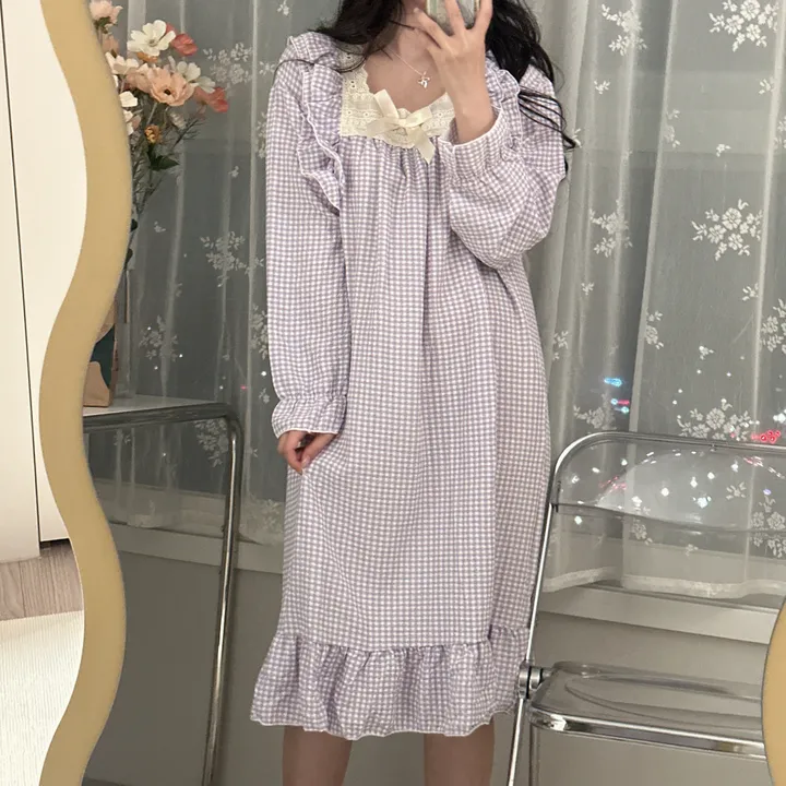 [당일출고/3컬러] 루즈핏 귀여운 스몰 체크 오버핏 긴팔 원피스 파자마 잠옷 상세 이미지 13