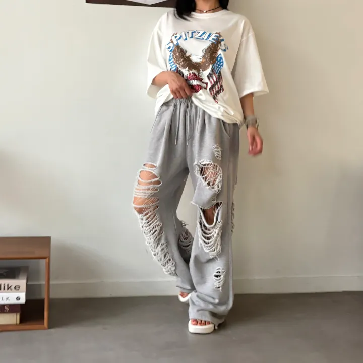 [허리~63까지 MD 추천🤩] 데미지 디트로이드 제니팬츠 / 유니크 스트릿 댄스복 페스티벌 체육대회 빅사이즈바지 세미 부츠컷 조거팬츠 봄바지 여름바지 댄스복 하비언니 와이드팬츠 상세 이미지 21