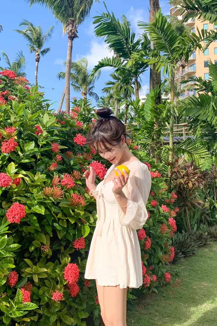[팔뚝커버/군살커버/M-XL] 리본스트랩 펀칭 원피스 수영복 아이보리 크림 소매 체형 뱃살 커버 비키니 상세 이미지 6