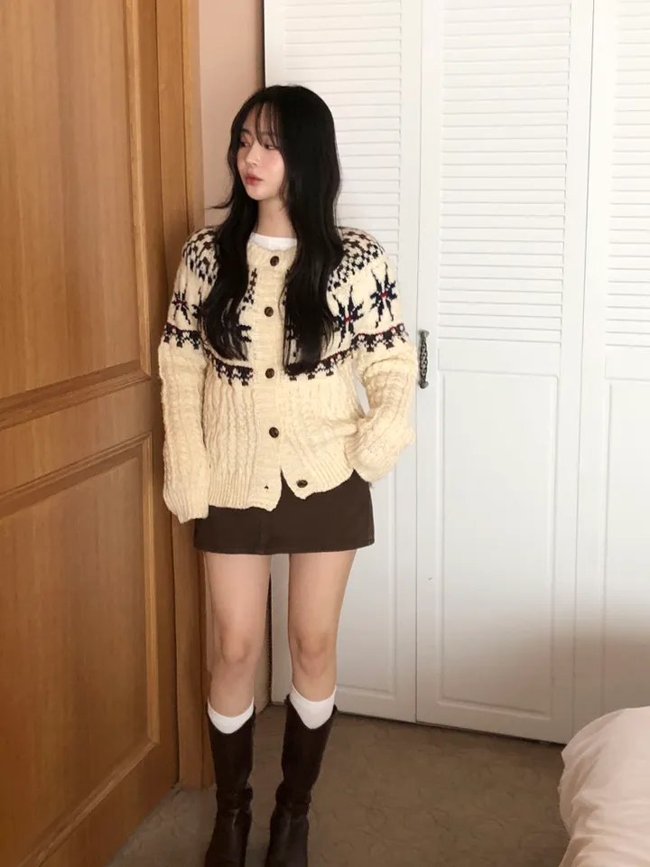 [눈꽃❄]스노우 노르딕 도톰 라운드 니트 긴팔 가디건 2color 상세 이미지 6