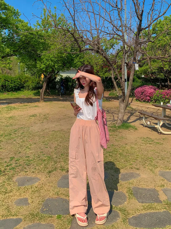 [묶음할인🎁간절기🤎롱&숏/진짜강추ㅠ] 아이스 바스락 나일론 썸머 카고 와이드 트레이닝 팬츠 하이웨스트 밴딩 봄 츄리닝 바지 냉장고 벚꽃룩 꽃놀이룩 개강여신 6COL 상세 이미지 48