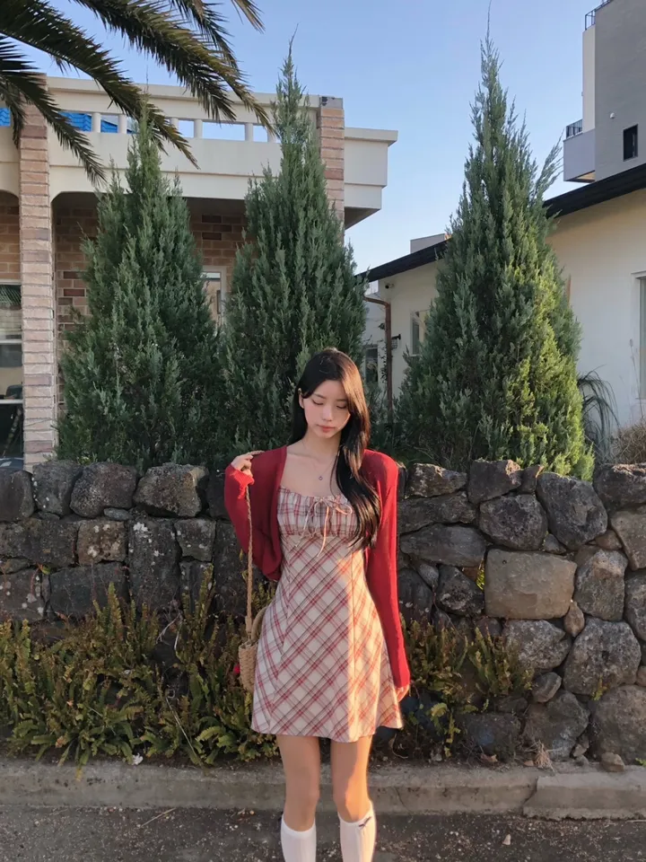 [세트가격❤️/예쁨보장!] 린넨 체크 셔링 리본 플레어 a라인 볼레로 크롭 가디건 원피스 투피스 세트;3color <여행룩/길이오절/핏존예!> 상세 이미지 19
