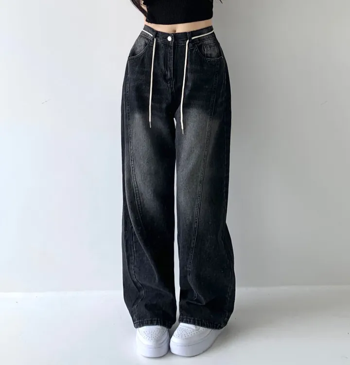[색감깡패🖤/끈탈부착O] 미드나잇 뒷밴딩 스트링 스트랩 하이웨스트 절개라인 빈티지 워싱 롱 와이드 데님 팬츠 밴딩바지 청바지 사계절청바지 상세 이미지 33