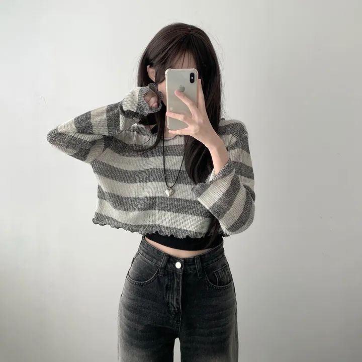 *주문폭주* [데일리힙set] 물결 단가라 니트 티셔츠 & 흑청 사이드워싱 데님 팬츠 [D1-9] 상세 이미지 14