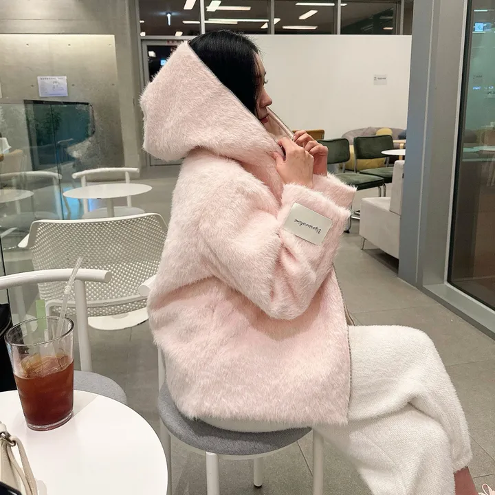 [러블리⛄/털빠짐X] 핑키 딸기우유 소프트 후드 퍼 뽀글이 앙고라 코트 집업 자켓 상세 이미지 23