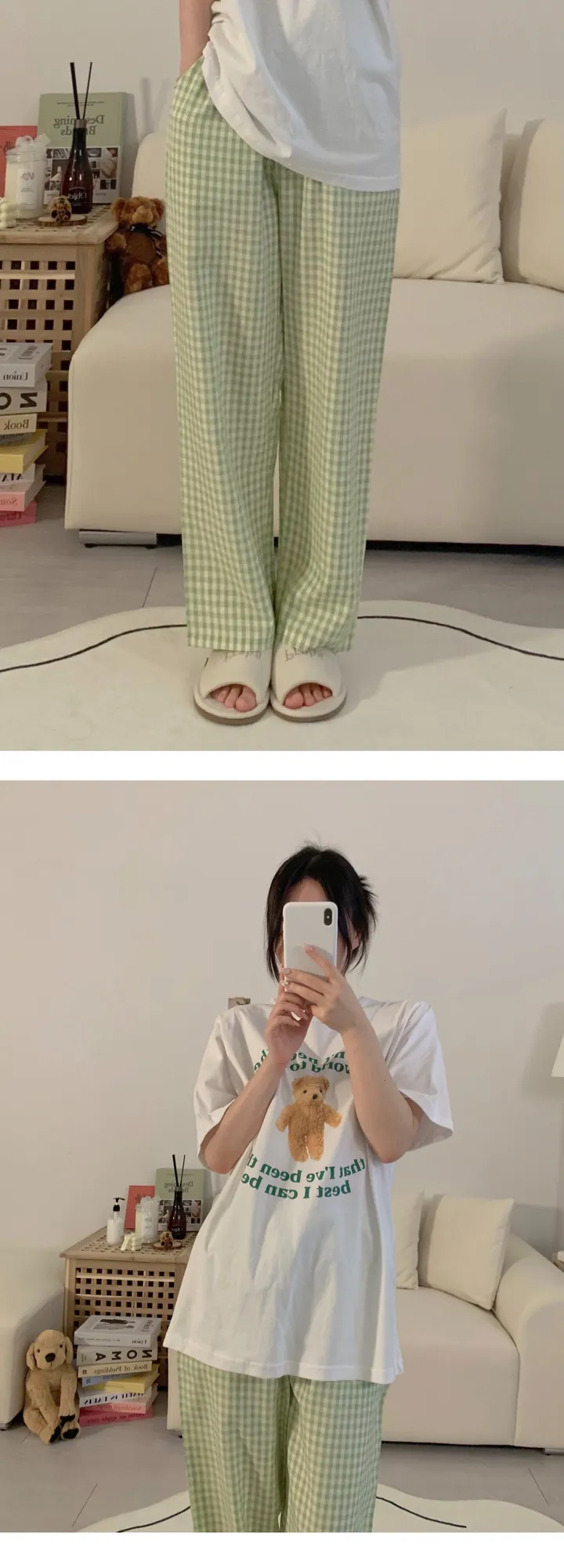 [자체제작]1+1할인 실크느낌 솝 체크 커플 잠옷바지 빅사이즈 파자마 파티 상세 이미지 25
