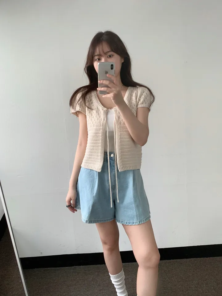 멜라운지 콤비 하프 가디건 mellounge 2col 반팔 여름 리본 펀칭 레이어드 러블리 상세 이미지 5